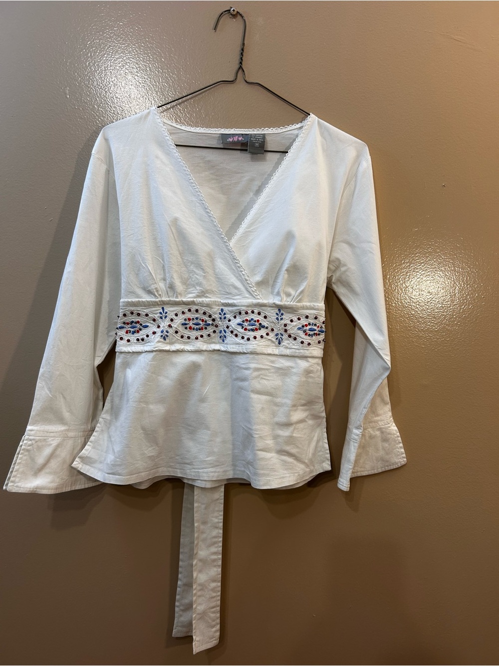 Vintage White Embroidered Wrap Blouse with Tie Waist - Women